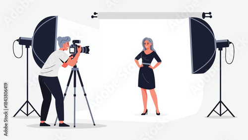 Modern flat vector illustration of a professional photographer taking studio portrait photos, ideal for photography services, creative studios, marketing visuals, and media content