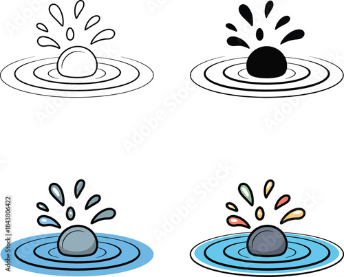 Stone hitting water splash and ripples illustration in four different styles