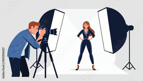 Modern flat vector illustration of a professional photographer taking studio portrait photos, ideal for photography services, creative studios, marketing visuals, and media content