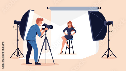 Modern flat vector illustration of a professional photographer taking studio portrait photos, ideal for photography services, creative studios, marketing visuals, and media content