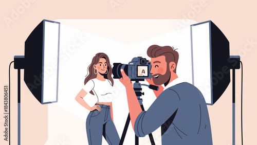 Modern flat vector illustration of a professional photographer taking studio portrait photos, ideal for photography services, creative studios, marketing visuals, and media content
