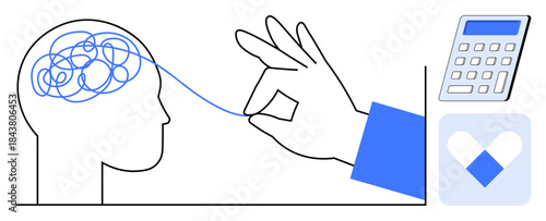 Mental health, problem-solving, decision-making, financial planning, clarity, and focus. A hand untangling thoughts from a brain, a calculator and a symbol. Mental health and problem-solving concept