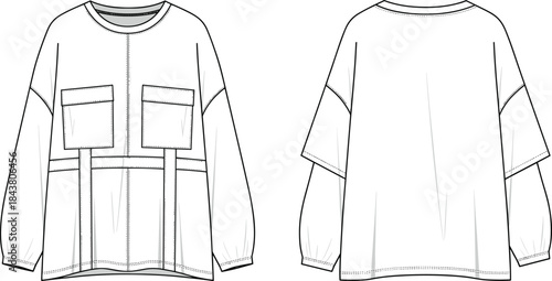Oversized utility sweatshirt technical flat with large flap pockets, relaxed crew neck, dropped shoulders, balloon sleeves and seam details, vector fashion CAD