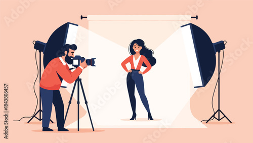 Modern flat vector illustration of a professional photographer taking studio portrait photos, ideal for photography services, creative studios, marketing visuals, and media content