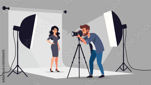 Modern flat vector illustration of a professional photographer taking studio portrait photos, ideal for photography services, creative studios, marketing visuals, and media content