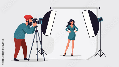 Modern flat vector illustration of a professional photographer taking studio portrait photos, ideal for photography services, creative studios, marketing visuals, and media content