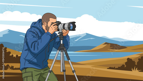 Flat vector illustration of a photographer capturing outdoor landscape scenery, ideal for travel content, nature photography, tourism marketing, and creative visuals