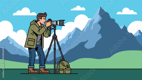 Flat vector illustration of a photographer capturing outdoor landscape scenery, ideal for travel content, nature photography, tourism marketing, and creative visuals