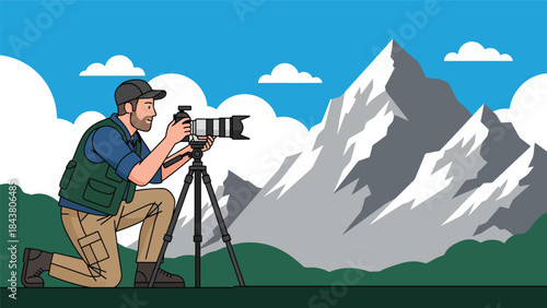 Flat vector illustration of a photographer capturing outdoor landscape scenery, ideal for travel content, nature photography, tourism marketing, and creative visuals