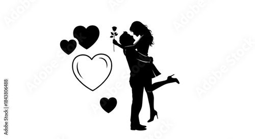 Romantic Couple Silhouette Hugging Man Lifting Woman with Rose and Hearts Valentine's Day Graphic Design