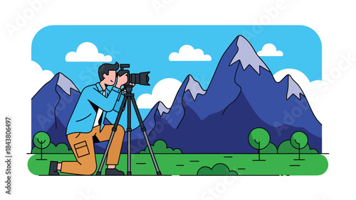 Flat vector illustration of a photographer capturing outdoor landscape scenery, ideal for travel content, nature photography, tourism marketing, and creative visuals