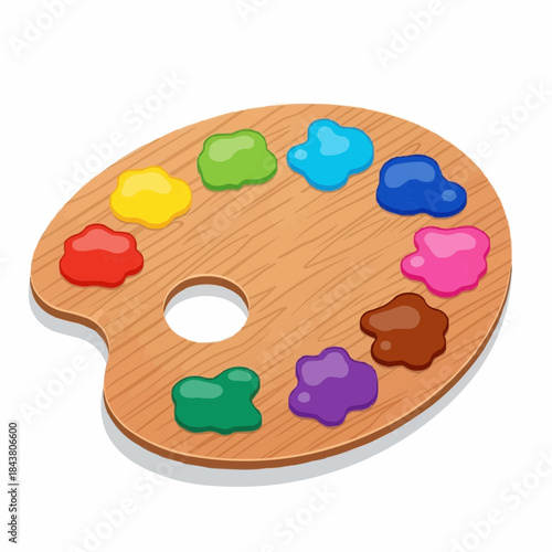 A wooden artist's palette with vibrant paint colors ready to create Vector illustration