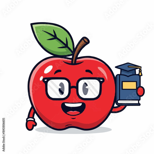 An apple cartoon wearing glasses holding a book and graduation hat. It's a whimsical representation of education and learning Vector illustration