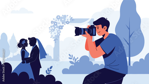 Flat vector illustration of a wedding photographer capturing special moments, ideal for event photography, wedding services, celebration visuals, and romantic content