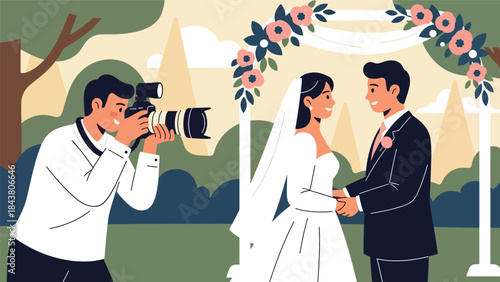 Flat vector illustration of a wedding photographer capturing special moments, ideal for event photography, wedding services, celebration visuals, and romantic content