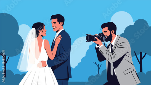 Flat vector illustration of a wedding photographer capturing special moments, ideal for event photography, wedding services, celebration visuals, and romantic content