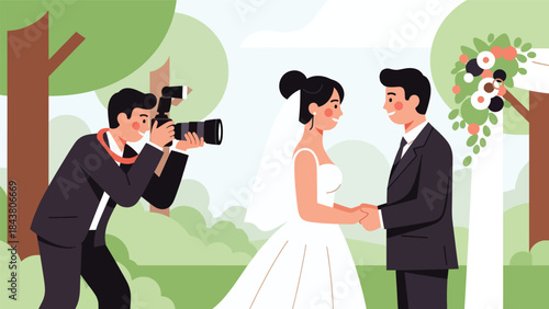 Flat vector illustration of a wedding photographer capturing special moments, ideal for event photography, wedding services, celebration visuals, and romantic content