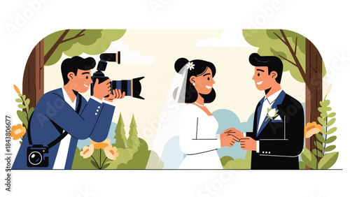 Flat vector illustration of a wedding photographer capturing special moments, ideal for event photography, wedding services, celebration visuals, and romantic content