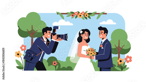 Flat vector illustration of a wedding photographer capturing special moments, ideal for event photography, wedding services, celebration visuals, and romantic content