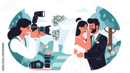 Flat vector illustration of a wedding photographer capturing special moments, ideal for event photography, wedding services, celebration visuals, and romantic content