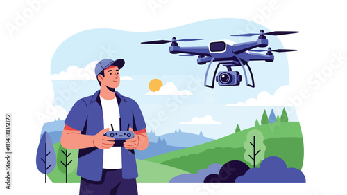 Modern flat vector illustration of a photographer using a drone camera, ideal for aerial photography, travel visuals, real estate marketing, and modern media content
