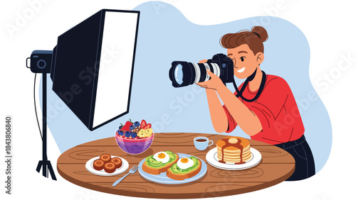 Modern flat vector illustration of a photographer shooting food photography, ideal for culinary marketing, restaurant promotion, food blogs, and creative content