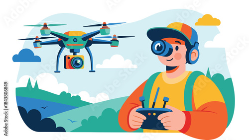Modern flat vector illustration of a photographer using a drone camera, ideal for aerial photography, travel visuals, real estate marketing, and modern media content