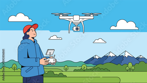 Modern flat vector illustration of a photographer using a drone camera, ideal for aerial photography, travel visuals, real estate marketing, and modern media content