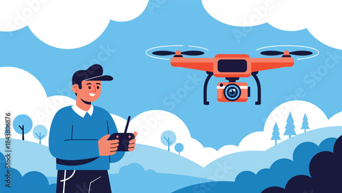 Modern flat vector illustration of a photographer using a drone camera, ideal for aerial photography, travel visuals, real estate marketing, and modern media content
