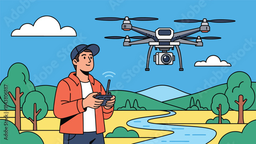 Modern flat vector illustration of a photographer using a drone camera, ideal for aerial photography, travel visuals, real estate marketing, and modern media content