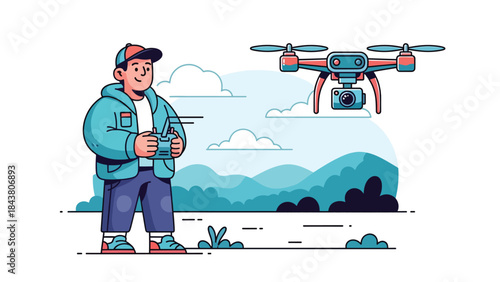Modern flat vector illustration of a photographer using a drone camera, ideal for aerial photography, travel visuals, real estate marketing, and modern media content