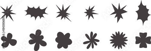 Abstract starburst and flower shape collection in bold minimal style. Decorative geometric splashes and organic symbols for modern graphic design. Clean vector elements ideal for logos, patterns,