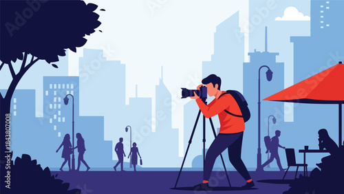 Modern flat vector illustration of a photographer capturing candid street photography, ideal for urban lifestyle visuals, creative storytelling, and documentary content