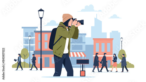 Modern flat vector illustration of a photographer capturing candid street photography, ideal for urban lifestyle visuals, creative storytelling, and documentary content