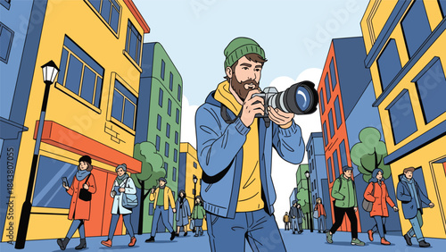 Modern flat vector illustration of a photographer capturing candid street photography, ideal for urban lifestyle visuals, creative storytelling, and documentary content