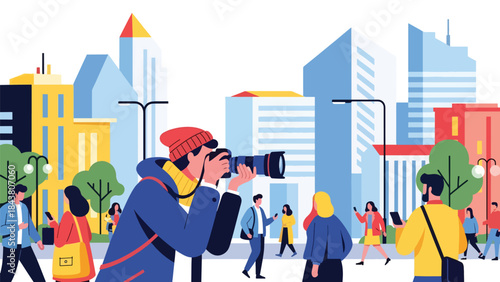 Modern flat vector illustration of a photographer capturing candid street photography, ideal for urban lifestyle visuals, creative storytelling, and documentary content
