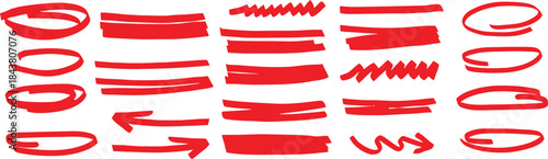 Red hand drawn marker strokes and underline elements isolated on white. Bold highlight lines include circles arrows and scribbles. Ideal for emphasis notes edits presentations and graphic design.