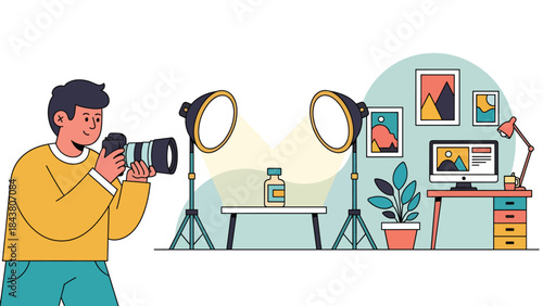Flat vector illustration of a photographer taking product photos, ideal for e-commerce visuals, product marketing, commercial photography, and business branding