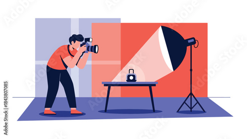 Flat vector illustration of a photographer taking product photos, ideal for e-commerce visuals, product marketing, commercial photography, and business branding