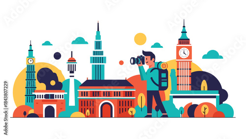Flat vector illustration of a travel photographer capturing landmarks, ideal for tourism marketing, travel blogs, adventure content, and creative storytelling