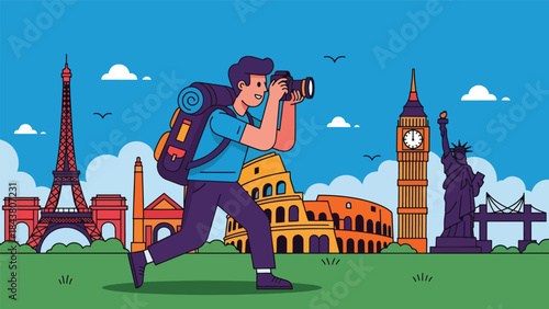 Flat vector illustration of a travel photographer capturing landmarks, ideal for tourism marketing, travel blogs, adventure content, and creative storytelling