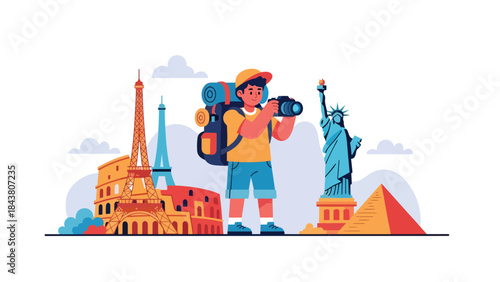 Flat vector illustration of a travel photographer capturing landmarks, ideal for tourism marketing, travel blogs, adventure content, and creative storytelling