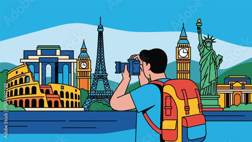 Flat vector illustration of a travel photographer capturing landmarks, ideal for tourism marketing, travel blogs, adventure content, and creative storytelling