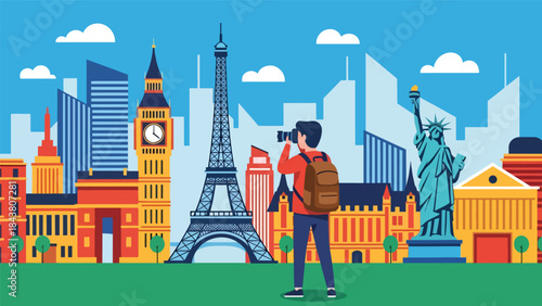 Flat vector illustration of a travel photographer capturing landmarks, ideal for tourism marketing, travel blogs, adventure content, and creative storytelling