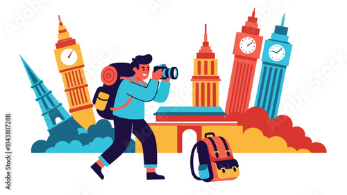 Flat vector illustration of a travel photographer capturing landmarks, ideal for tourism marketing, travel blogs, adventure content, and creative storytelling