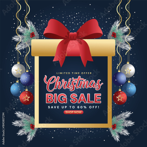 Festive Christmas promotion banner featuring a navy blue background adorned with golden stars and pine branches, ideal for Christmas promotions and social media marketing use.