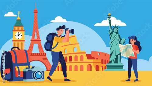 Flat vector illustration of a travel photographer capturing landmarks, ideal for tourism marketing, travel blogs, adventure content, and creative storytelling