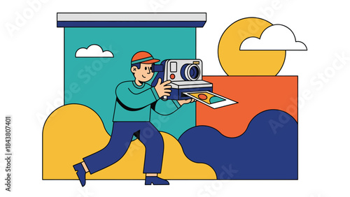 Modern flat vector illustration of a photographer using an instant camera, ideal for retro photography concepts, creative hobbies, and playful visual content