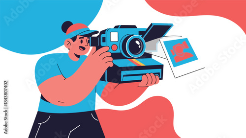 Modern flat vector illustration of a photographer using an instant camera, ideal for retro photography concepts, creative hobbies, and playful visual content