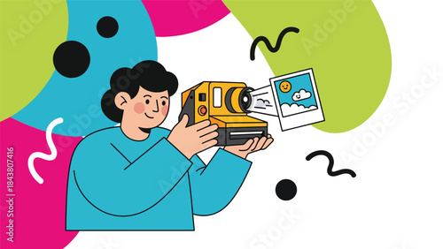 Modern flat vector illustration of a photographer using an instant camera, ideal for retro photography concepts, creative hobbies, and playful visual content